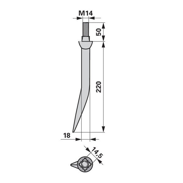 Eggenzahn 18x220 gebogen M14, Vierkant 14,5 mm – Egge Zinken Ersatzteil