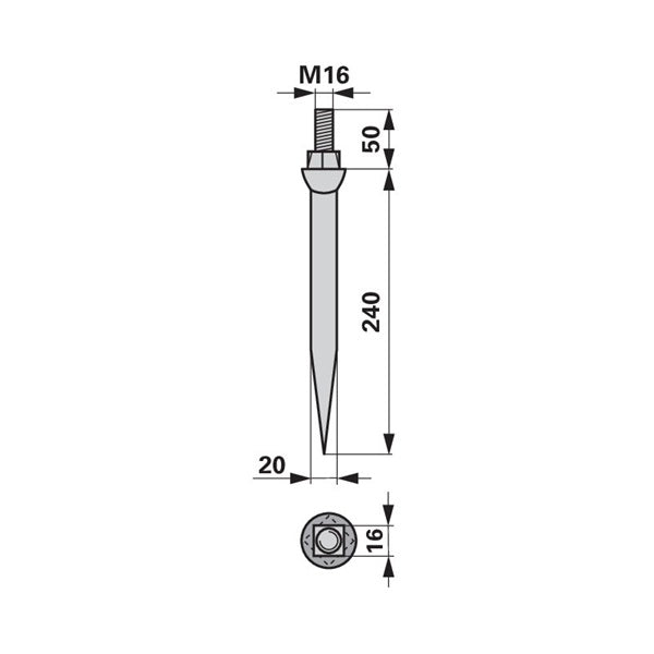 Eggenzahn 20x240 gerade M16, Vierkant 16mm zu Form Heger – Egge Zinken Ersatzteil