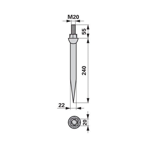 Eggenzahn 22x240 gerade M20, Vierkant 20mm zu Form Heger – Egge Zinken Ersatzteil