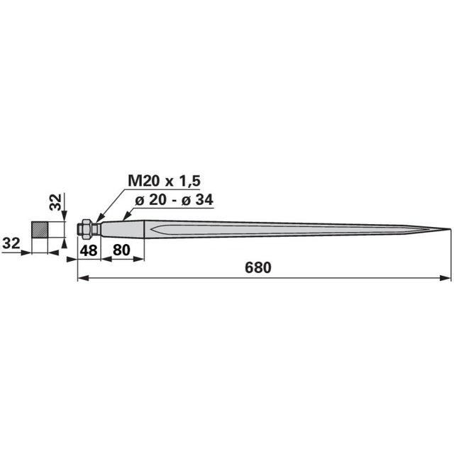 Frontladerzinke - M20 x 1,5 mm - 680 mm zu Alö-Quicke