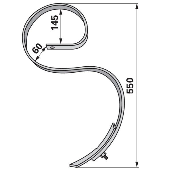 Kultivatorzinke gebogen mit Schare, 32 x 10 x 550 mm, Einbauhöhe 385 mm – Grubber Zinken Ersatzteil