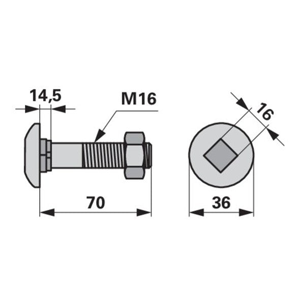 Pflugkörperschraube - mit Vierkantansatz und Mutter - M16 x 1,5 x 70 mm – Pflug Ersatzteil