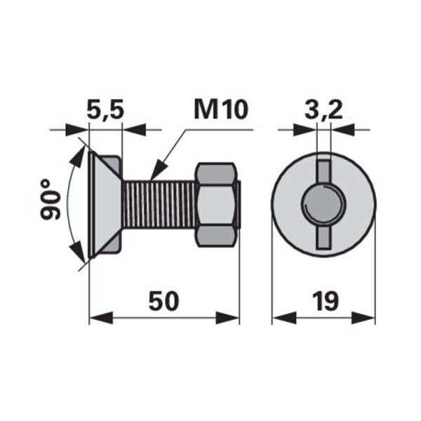 Pflugschraube - DIN 11014 mit 2 - Nasen und Mutter - M10 x 50 mm – Pflug Ersatzteil
