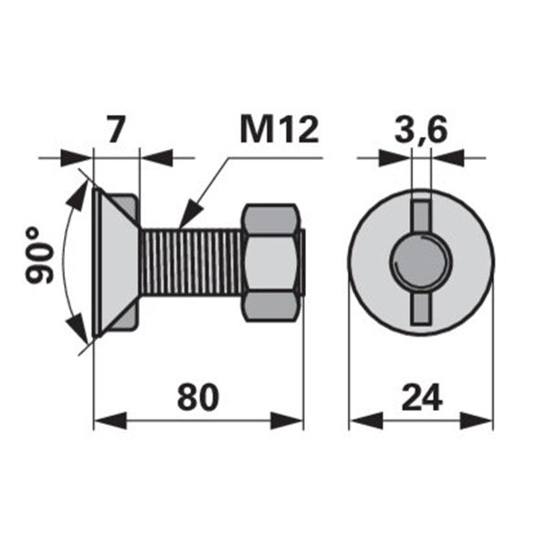 Pflugschraube - DIN 11014 mit 2 - Nasen und Mutter - M12 x 80 mm – Pflug Ersatzteil