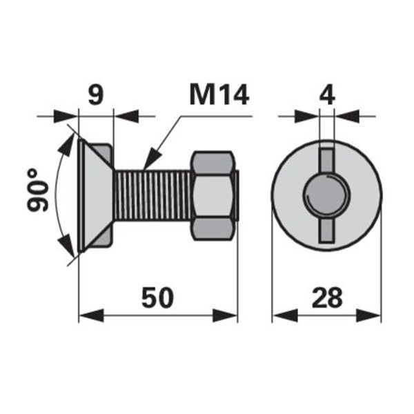 Pflugschraube - DIN 11014 mit 2 - Nasen und Mutter - M14 x 50 mm – Pflug Ersatzteil