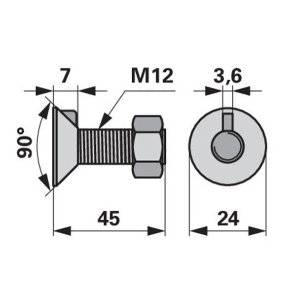 Pflugschraube - DIN 604 mit 1 - Nase und Mutter - M12 x 45 mm – Pflug Ersatzteil