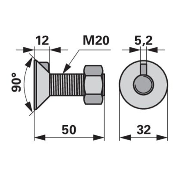 Pflugschraube - DIN 604 mit 1 - Nase und Mutter - M20 x 50 mm – Pflug Ersatzteil