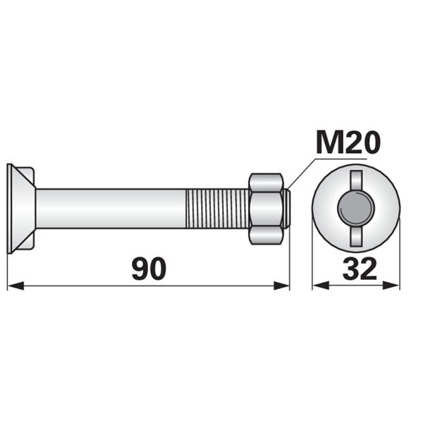 Pflugschraube - DIN 604 mit 1 - Nase und Mutter - M20 x 90 mm – Pflug Ersatzteil