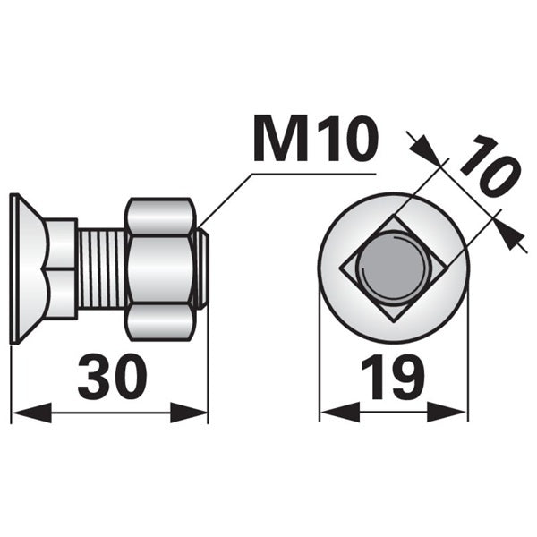 Pflugschraube - DIN 608 mit Vierkantansatz und Mutter - M10 x 30 mm - Variante 3 – Pflug Ersatzteil