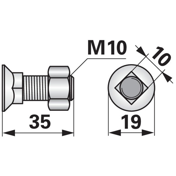 Pflugschraube - DIN 608 mit Vierkantansatz und Mutter - M10 x 35 mm – Landtechnik Ersatzteil