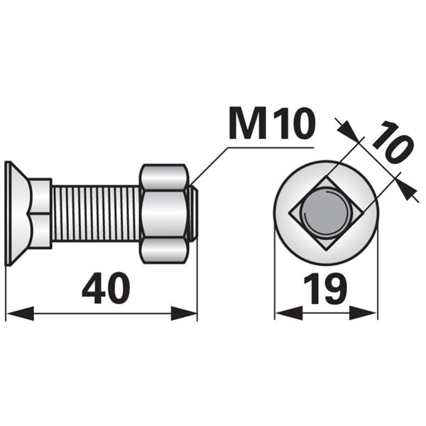 Pflugschraube - DIN 608 mit Vierkantansatz und Mutter - M10 x 40 mm – Landtechnik Ersatzteil