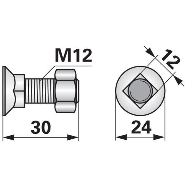 Pflugschraube - DIN 608 mit Vierkantansatz und Mutter - M12 x 30 mm - Variante 2 – Pflug Ersatzteil