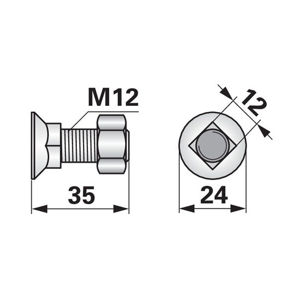 Pflugschraube - DIN 608 mit Vierkantansatz und Mutter - M12 x 35 mm - Variante 1 – Pflug Ersatzteil