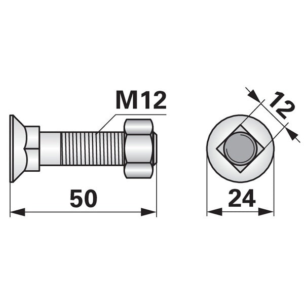 Pflugschraube - DIN 608 mit Vierkantansatz und Mutter - M12 x 50 mm - Variante 2 – Pflug Ersatzteil