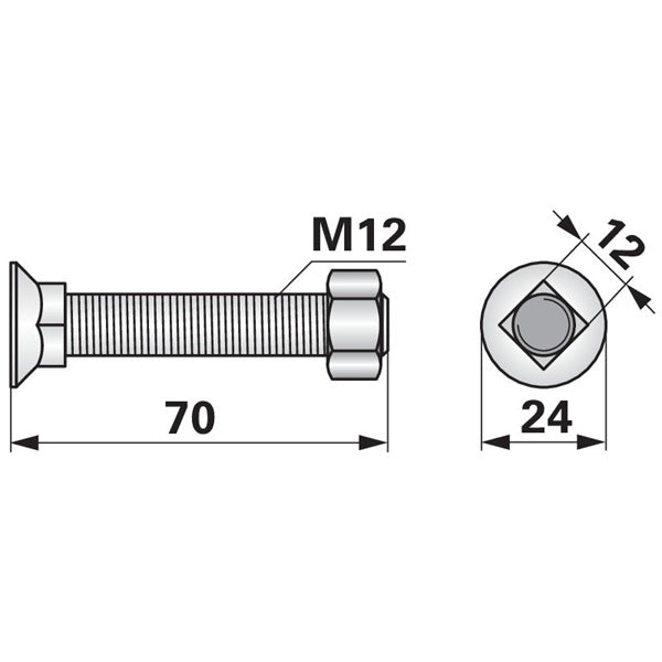 Pflugschraube - DIN 608 mit Vierkantansatz und Mutter - M12 x 70 mm - Variante 3 – Pflug Ersatzteil