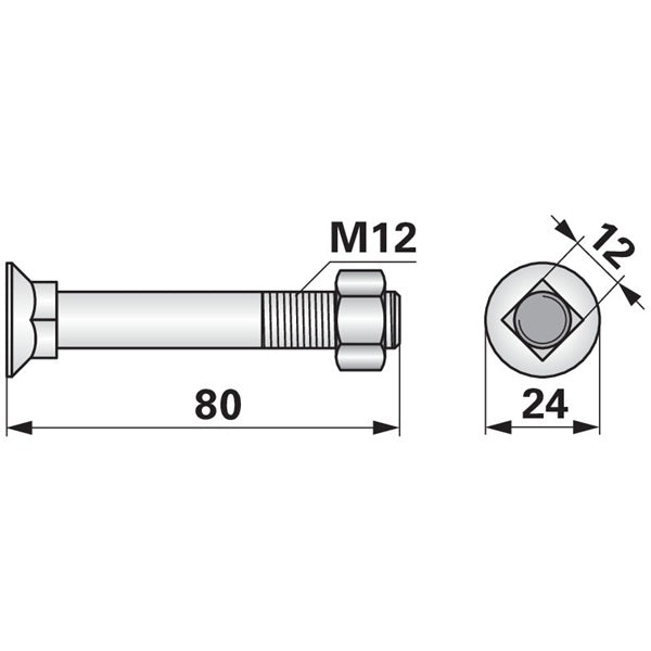 Pflugschraube - DIN 608 mit Vierkantansatz und Mutter - M12 x 80 mm – Pflug Ersatzteil
