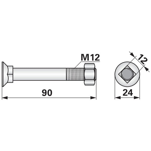 Pflugschraube - DIN 608 mit Vierkantansatz und Mutter - M12 x 90 mm - Variante 2 – Pflug Ersatzteil