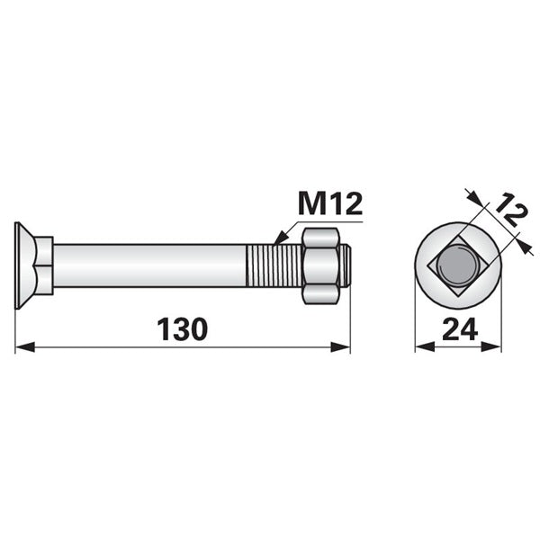 Pflugschraube - DIN 608 mit Vierkantansatz und Mutter - M12 x 130 mm – Landtechnik Ersatzteil