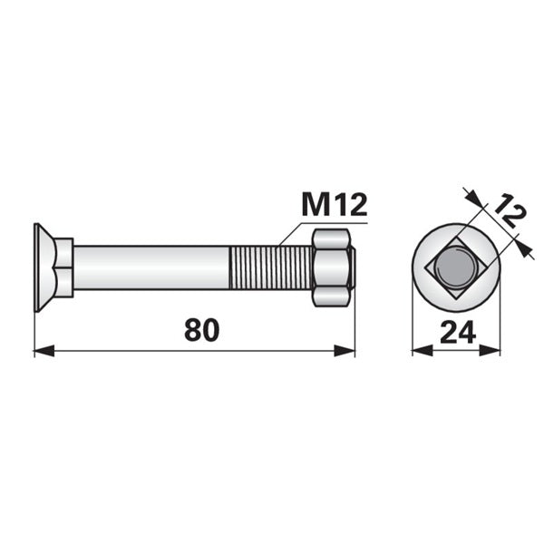 Pflugschraube - DIN 608 mit Vierkantansatz und Mutter - M12 x 80 mm – Landtechnik Ersatzteil