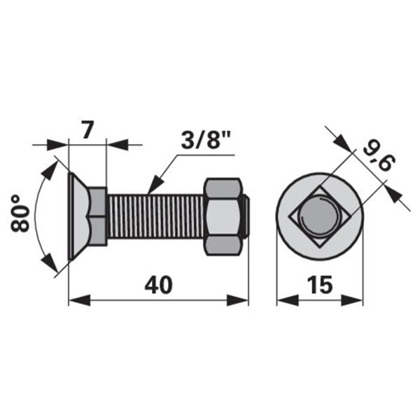 Pflugschraube - DS 6006 mit Vierkantansatz und Mutter - 3/8 Zoll x 40 mm – Pflug Ersatzteil