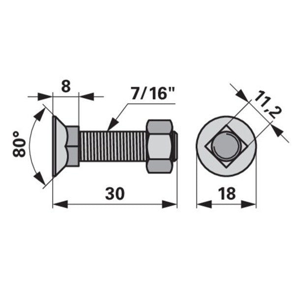 Pflugschraube - DS 6006 mit Vierkantansatz und Mutter - 7/16 Zoll x 30 mm – Pflug Ersatzteil