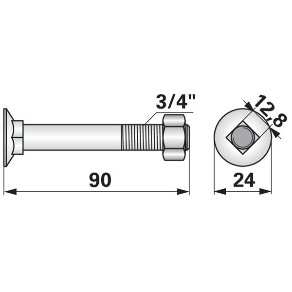 Pflugschraube - mit Vierkantansatz und Mutter - 3/4 Zoll x 90 mm – Pflug Ersatzteil