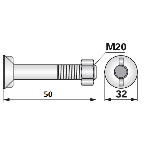 Pflugschraube - DIN 11014 mit 2 - Nasen und Mutter - M20 x 2,5 x 50 mm – Landtechnik Ersatzteil