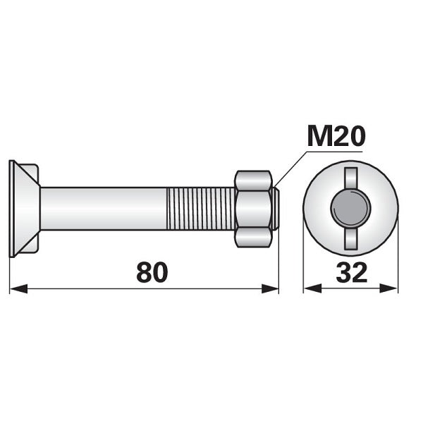 Pflugschraube - DIN 11014 mit 2 - Nasen und Mutter - M20 x 2,5 x 80 mm – Pflug Ersatzteil
