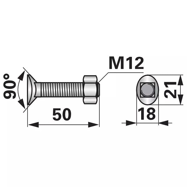 Planetenschraube Vierkant - M12x50 mm - mit Mutter - 10 Stück - Variante 1 – Schrauben Ersatzteil