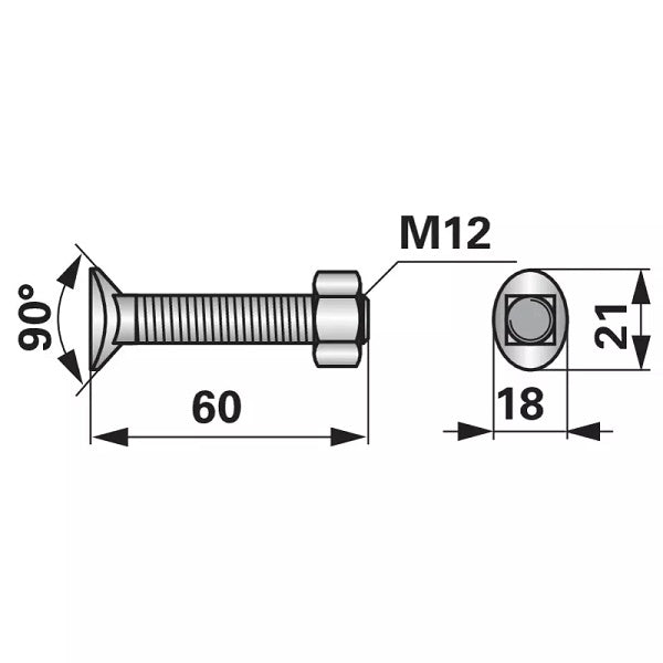 Planetenschraube Vierkant - M12x60 mm - mit Mutter - 10 Stück – Schrauben Ersatzteil