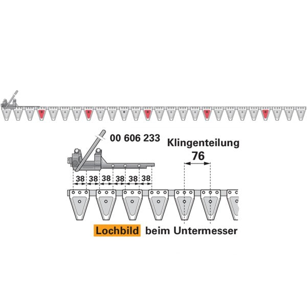 Untermesser L 200 cm, mit Messerkopf, rechts, 26 Klingen, T76, glatt, Nussmüller Rasant 597N – Messer für Balkenmäher