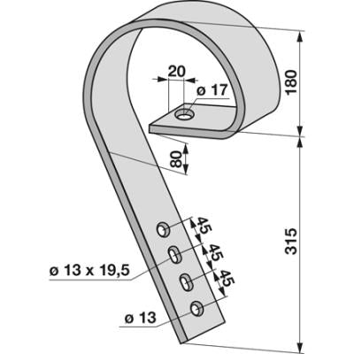 Schleppzinke - Materialstärke: 80 x 10 mm - Lochabstand: 45 mm – Striegel Zinken Ersatzteil