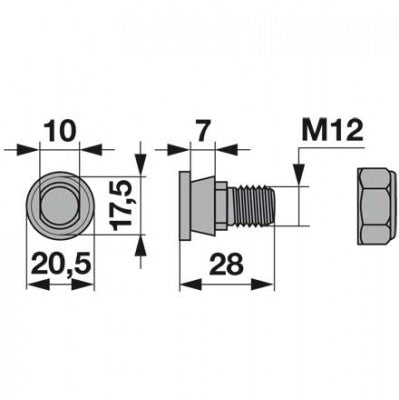 Messerhalterschraube M12 x 28 mm, mit Mutter anstelle von Pöttinger 119.013 – Schrauben Ersatzteil