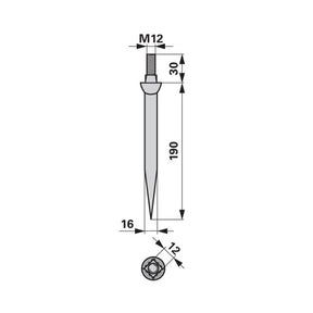 Eggenzahn 16x190 gerade M12, Vierkant 12 mm – Egge Ersatzteil