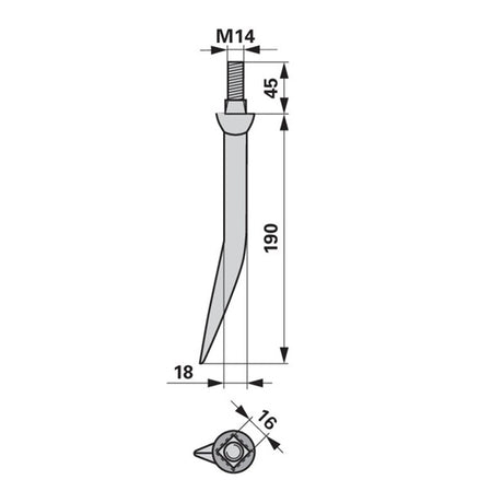 Eggenzahn 18x190 gebogen M14, Vierkant 16 mm – Egge Zinken Ersatzteil