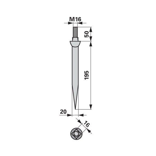 Eggenzahn 20x195 gerade M16, Vierkant 16 mm – Egge Ersatzteil