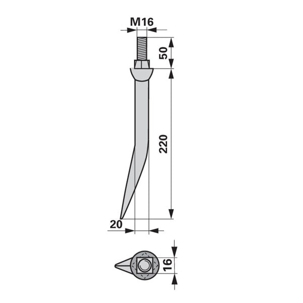 Eggenzahn 20x220 gebogen M16, Vierkant 16mm zu Form Heger – Egge Ersatzteil