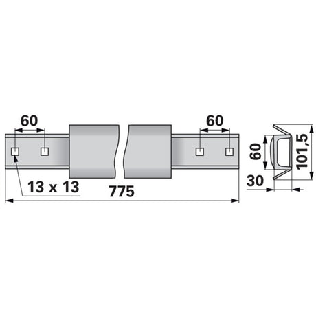 Kratzbodenleiste U-Profil 31003701, 60 x 30 mm, gelocht, L 775 mm zu Strautmann – Kratzboden Ersatzteil