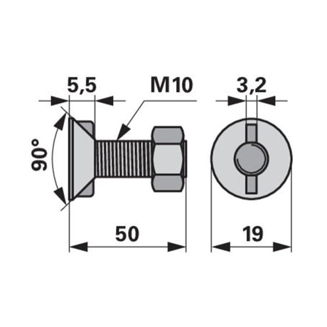 Pflugschraube - DIN 11014 mit 2 - Nasen und Mutter - M10 x 50 mm – Pflug Ersatzteil
