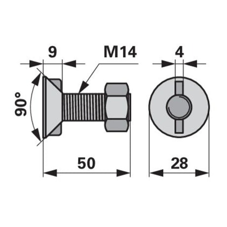 Pflugschraube - DIN 11014 mit 2 - Nasen und Mutter - M14 x 50 mm – Pflug Ersatzteil