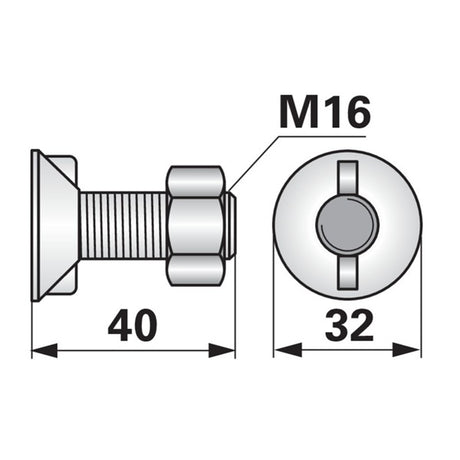 Pflugschraube - DIN 11014 mit 2 - Nasen und Mutter - M16 x 40 mm – Landtechnik Ersatzteil