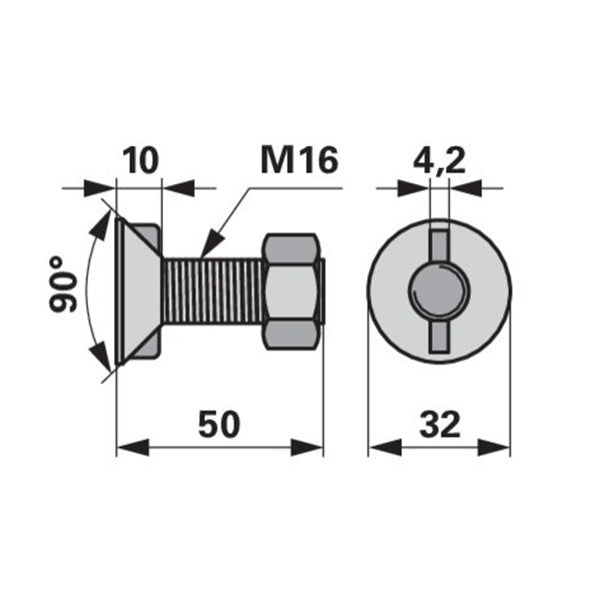 Pflugschraube - DIN 11014 mit 2 - Nasen und Mutter - M16 x 50 mm – Pflug Ersatzteil
