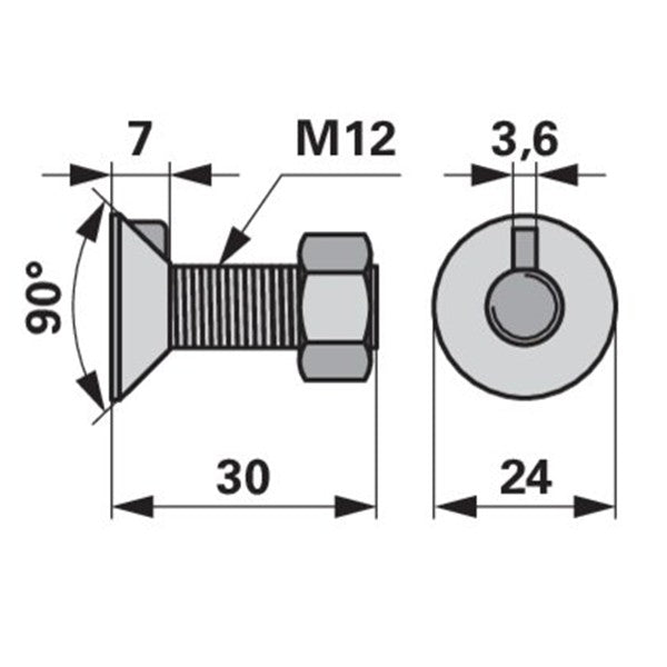 Pflugschraube - DIN 604 mit 1 - Nase und Mutter - M12 x 30 mm – Pflug Ersatzteil
