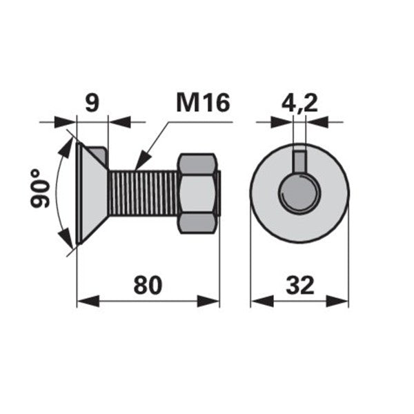 Pflugschraube - DIN 604 mit 1 - Nase und Mutter - M16 x 80 mm – Pflug Ersatzteil