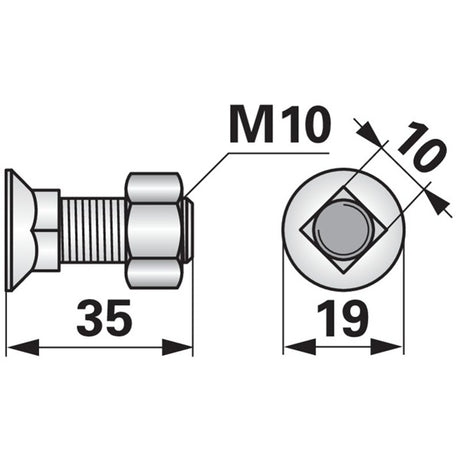 Pflugschraube - DIN 608 mit Vierkantansatz und Mutter - M10 x 35 mm – Pflug Ersatzteil