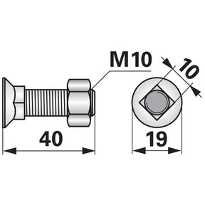 Pflugschraube - DIN 608 mit Vierkantansatz und Mutter - M10 x 40 mm – Schrauben Ersatzteil