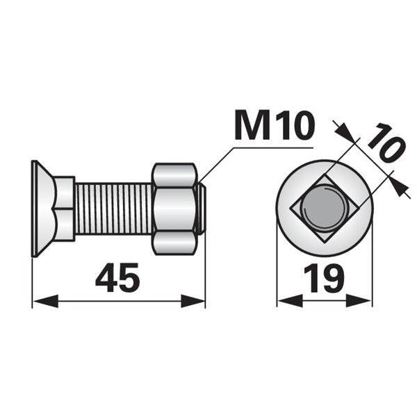 Pflugschraube - DIN 608 mit Vierkantansatz und Mutter - M10 x 45 mm - Variante 1 – Pflug Ersatzteil