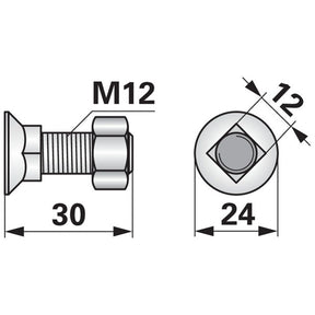 Pflugschraube - DIN 608 mit Vierkantansatz und Mutter - M12 x 30 mm - Variante 1 – Pflug Ersatzteil