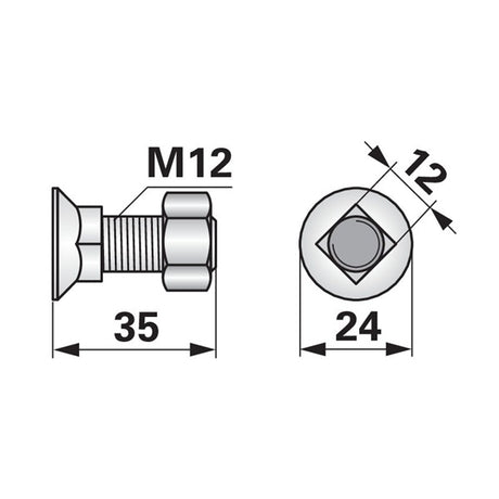 Pflugschraube - DIN 608 mit Vierkantansatz und Mutter - M12 x 35 mm – Landtechnik Ersatzteil