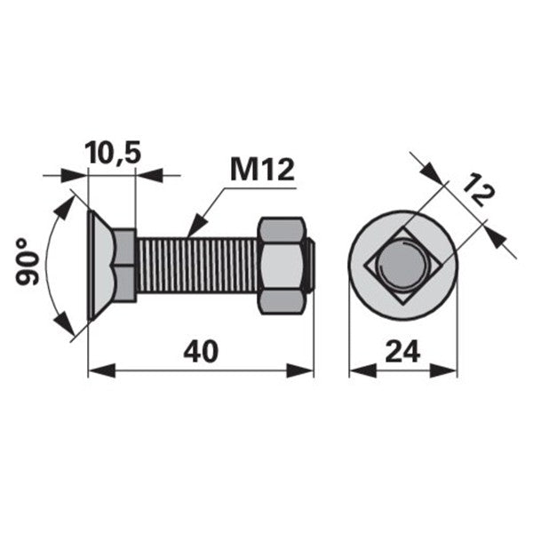 Pflugschraube - DIN 608 mit Vierkantansatz und Mutter - M12 x 40 mm – Landtechnik Ersatzteil